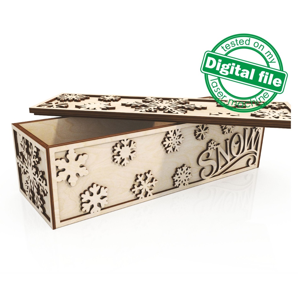 SVG, DXF, pdf Wooden carved wine box Snow with Snowflakes, Vector projects, Glowforge, Gift box, decor ideas, plywood or mdf 3.2 mm (1/8 in)