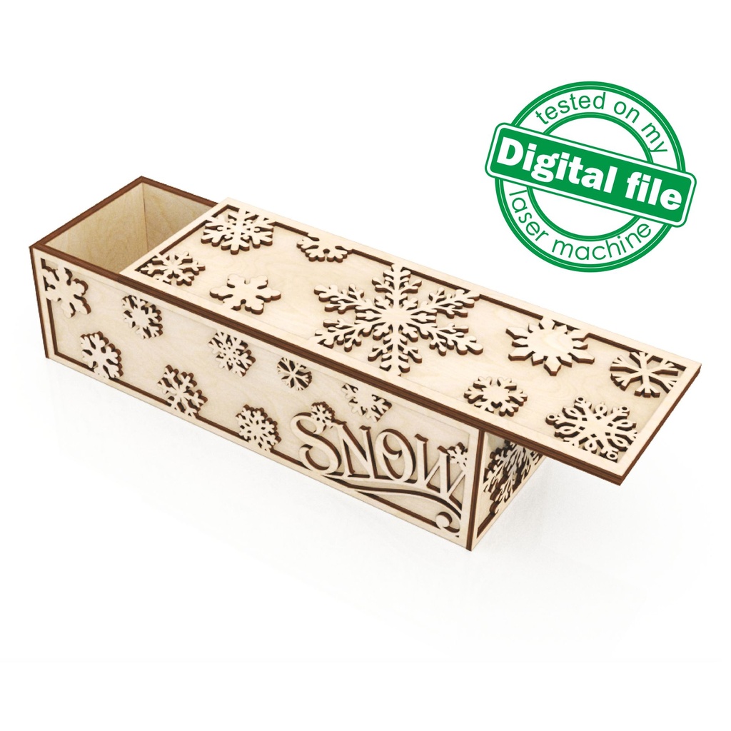 SVG, DXF, pdf Wooden carved wine box Snow with Snowflakes, Vector projects, Glowforge, Gift box, decor ideas, plywood or mdf 3.2 mm (1/8 in)