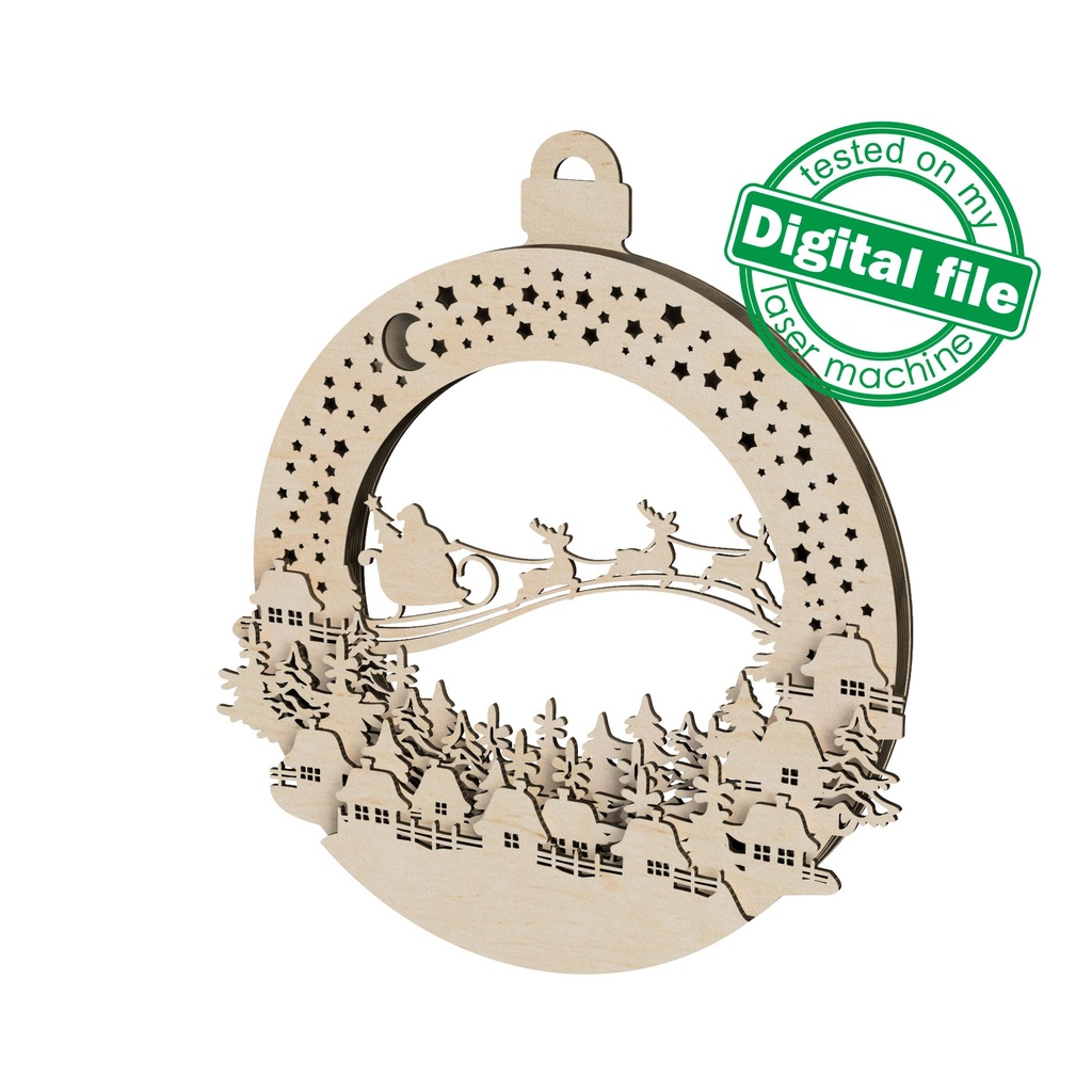 DXF, SVG files for laser Light-Up Christmas wreath, old village, winter forest, reindeer flying with sleigh, Santa Claus, Door sign