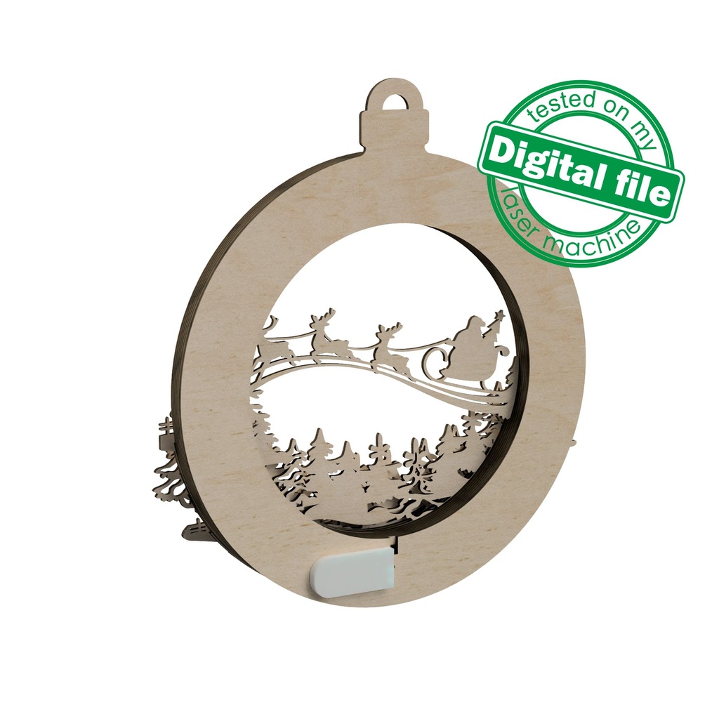 DXF, SVG files for laser Light-Up Christmas wreath, old village, winter forest, reindeer flying with sleigh, Santa Claus, Door sign