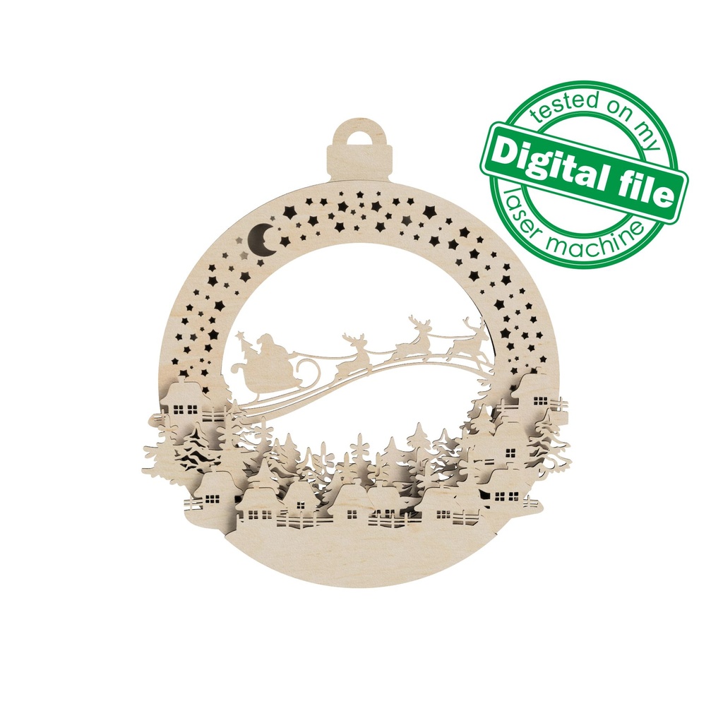 DXF, SVG files for laser Light-Up Christmas wreath, old village, winter forest, reindeer flying with sleigh, Santa Claus, Door sign