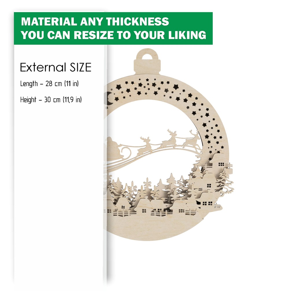 DXF, SVG files for laser Light-Up Christmas wreath, old village, winter forest, reindeer flying with sleigh, Santa Claus, Door sign