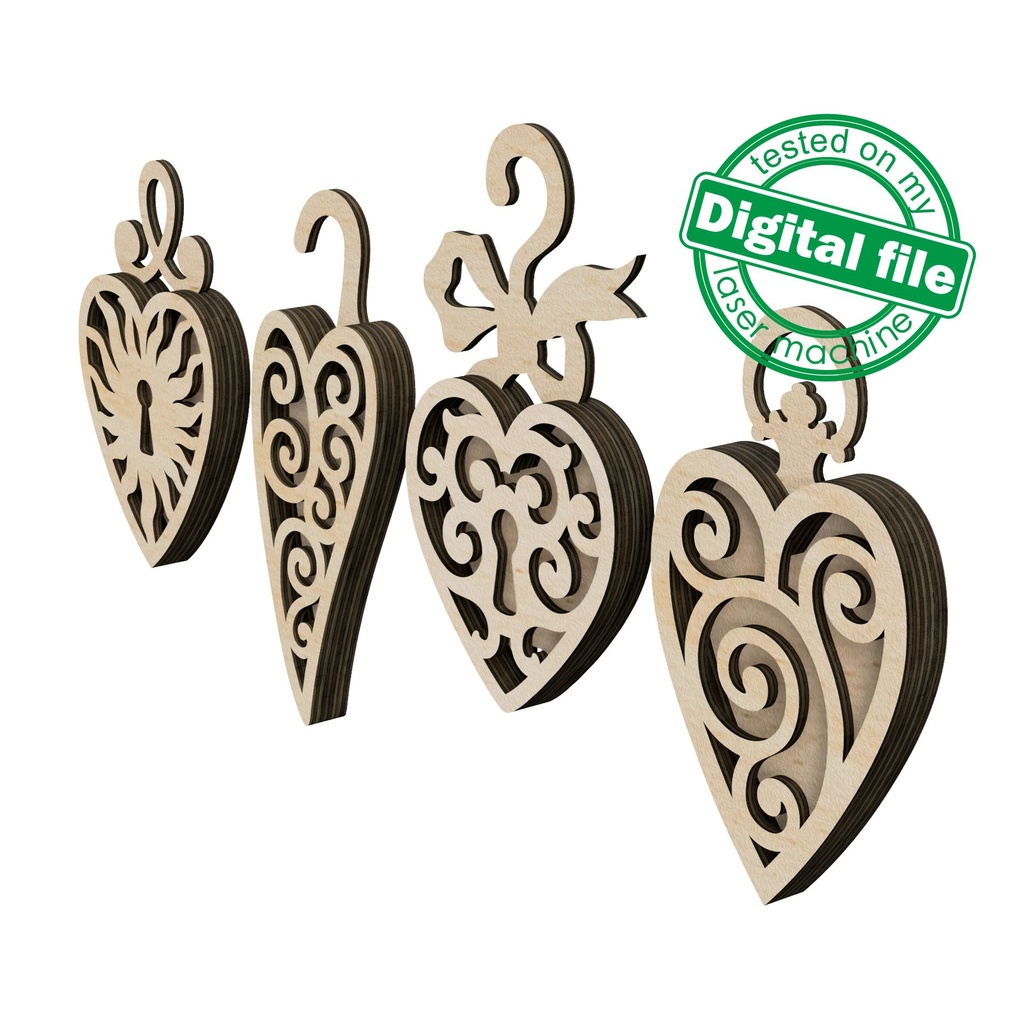 DXF, SVG files for laser 4 St. Valentine's hearts, Christmas tree ornaments, cute souvenir, light decor, earrings, Material any thickness Cutout, Shape, Paint by Line,Glowforge, Individual Arm Add-Ons, 1/8 inch (3.2 mm) (copy)