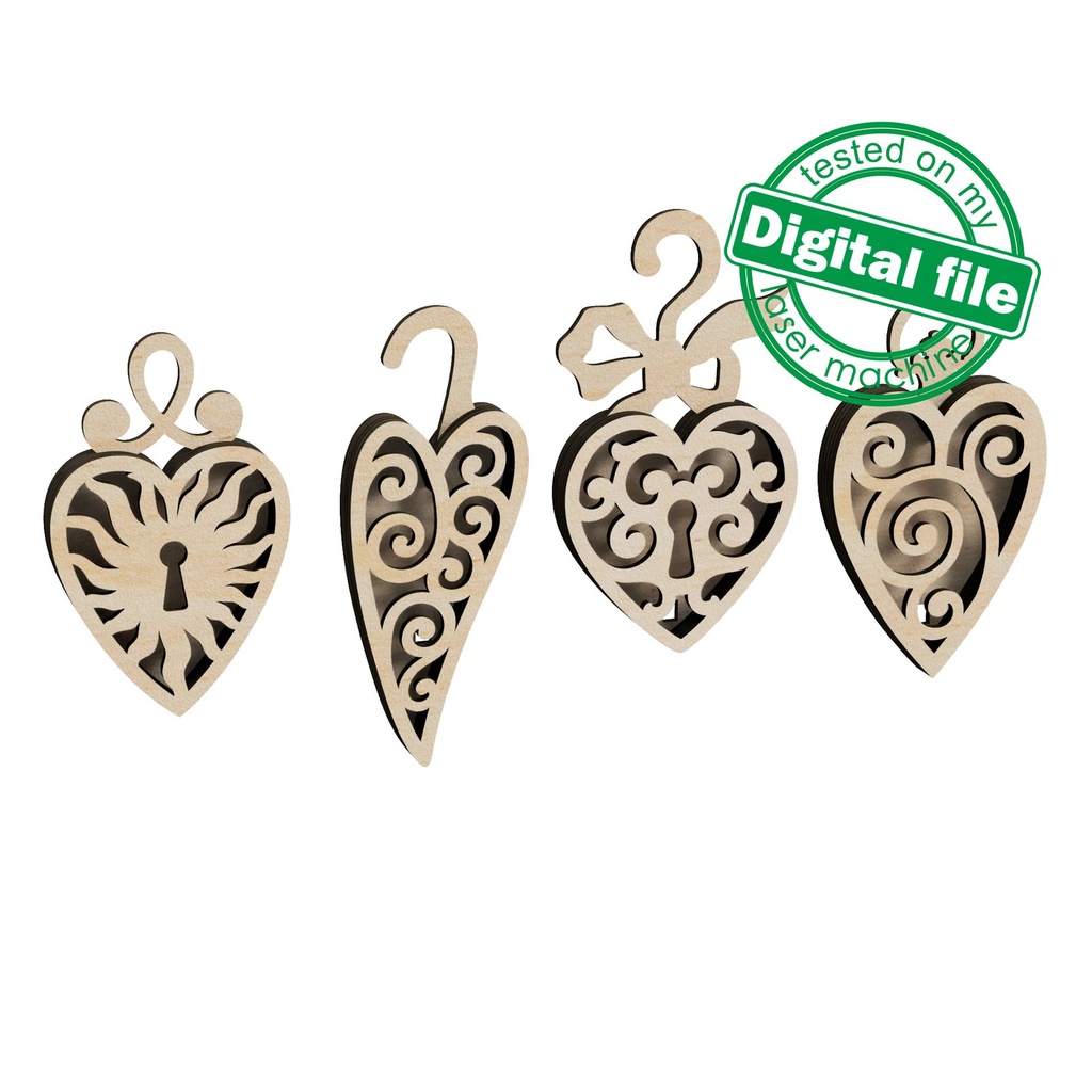 DXF, SVG files for laser 4 St. Valentine's hearts, Christmas tree ornaments, cute souvenir, light decor, earrings, Material any thickness Cutout, Shape, Paint by Line,Glowforge, Individual Arm Add-Ons, 1/8 inch (3.2 mm) (copy)