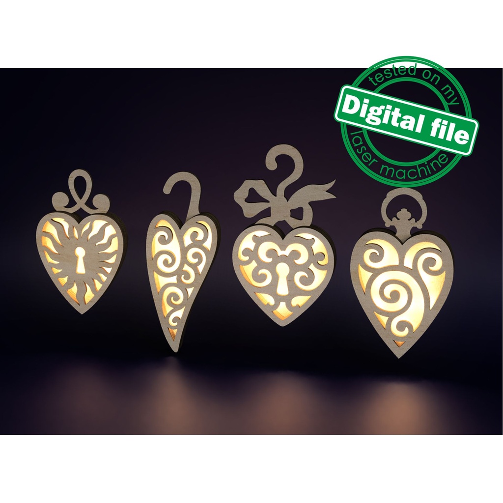 DXF, SVG files for laser 4 St. Valentine's hearts, Christmas tree ornaments, cute souvenir, light decor, earrings, Material any thickness Cutout, Shape, Paint by Line,Glowforge, Individual Arm Add-Ons, 1/8 inch (3.2 mm) (copy)