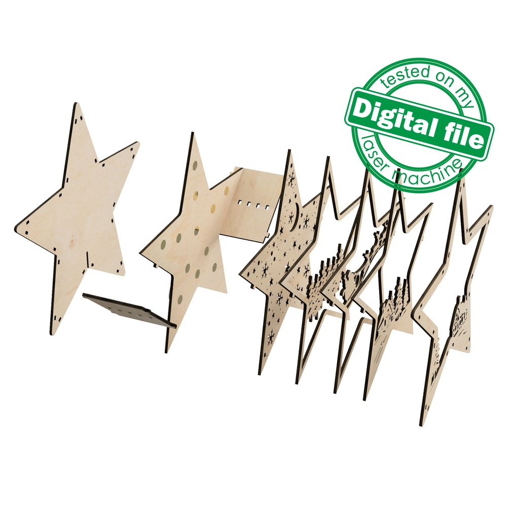 DXF, SVG files for laser DIY Marquee Star Light,Santa Claus,flying reindeer,sleigh,old village,winter forest,moon,stars,Shadow Box,Christmas