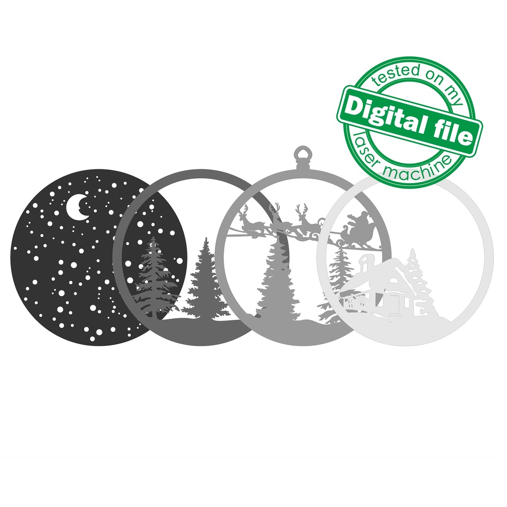 DXF, SVG files for laser Light-Up Christmas Ornament, Winter village, Flying reindeer, Santa claus, Tree, Glowforge, Layered pattern