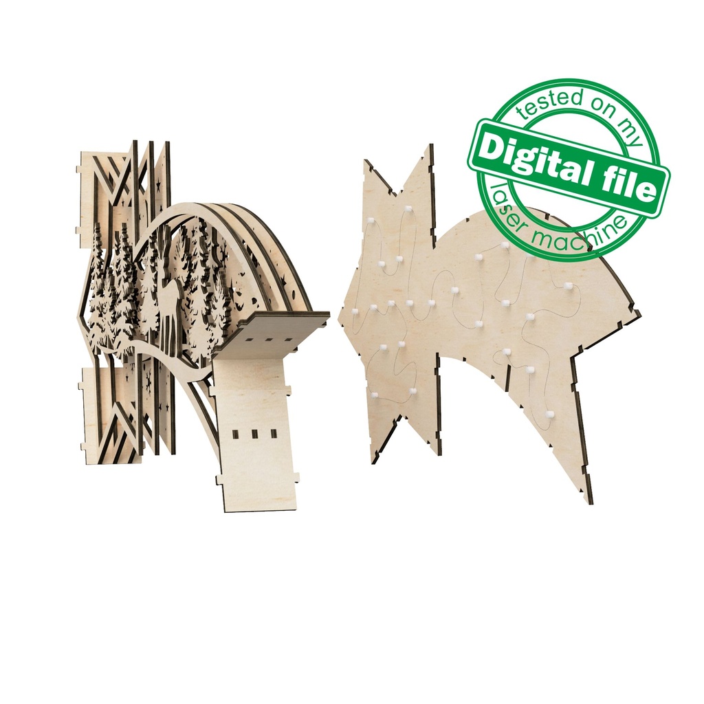 DXF, SVG files for laser Deers in the forest, Multilayered Wood Light box, Shadow box, Star of Bethlehem, Christmas, Material 1/8'' (3.2 mm)
