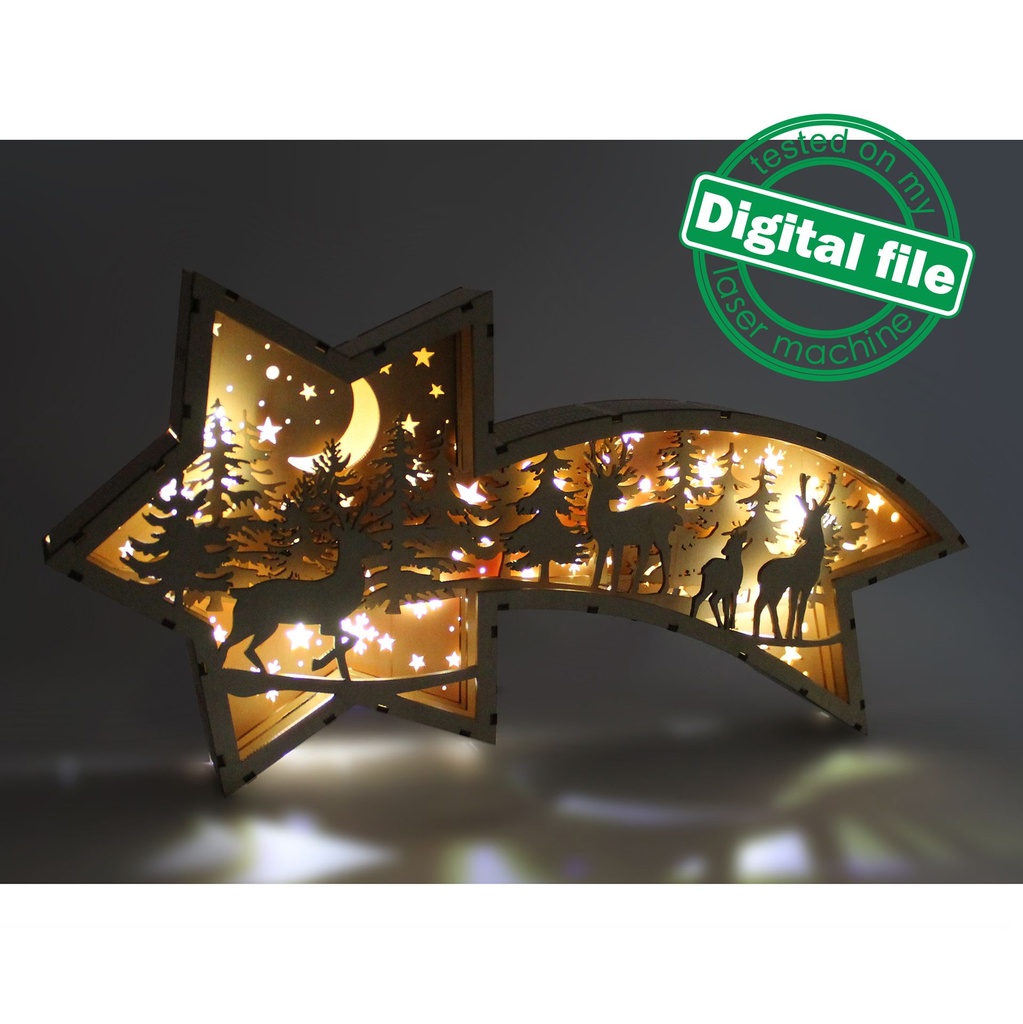 DXF, SVG files for laser Deers in the forest, Multilayered Wood Light box, Shadow box, Star of Bethlehem, Christmas, Material 1/8'' (3.2 mm)