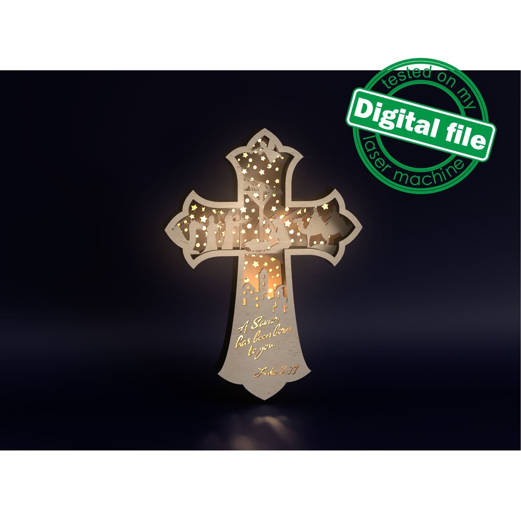 DXF, SVG files for laser Light Cross A Savior has born to you, Christmas Ornament, Glowforge, Layered Ornament pattern