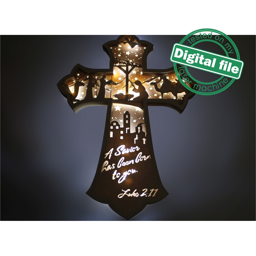 DXF, SVG files for laser Light Cross A Savior has born to you, Christmas Ornament, Glowforge, Layered Ornament pattern