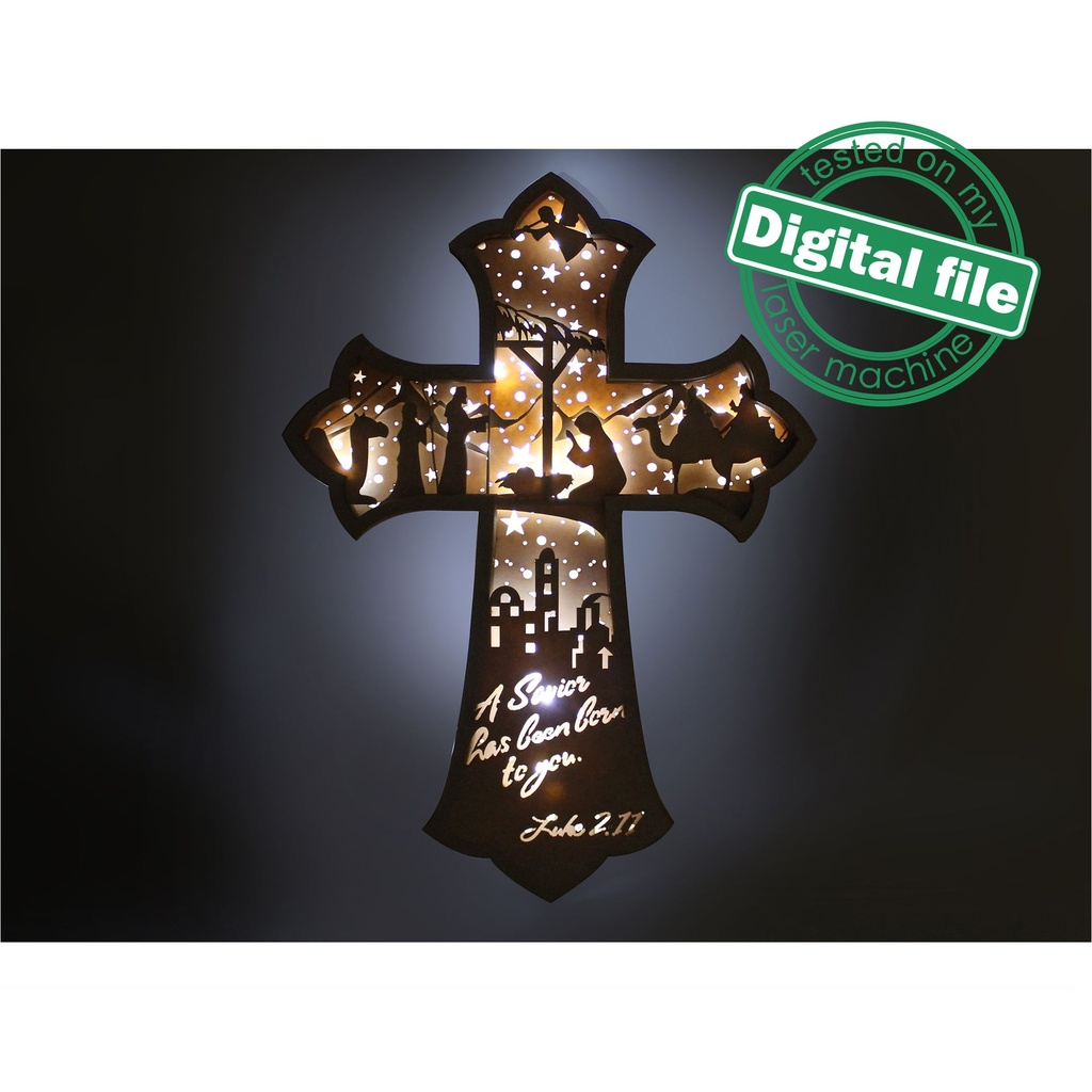 DXF, SVG files for laser Light Cross A Savior has born to you, Christmas Ornament, Glowforge, Layered Ornament pattern