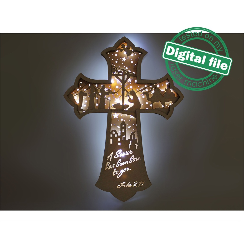 DXF, SVG files for laser Light Cross A Savior has born to you, Christmas Ornament, Glowforge, Layered Ornament pattern