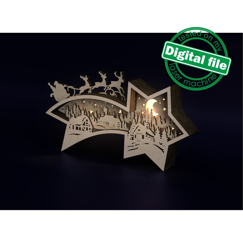 Laser DXF, SVG Files Old Village, Flying Reindeer, Santa, Winter forest, Multilayer Wooden Light Box, Shadow Box Star of Bethlehem,Christmas