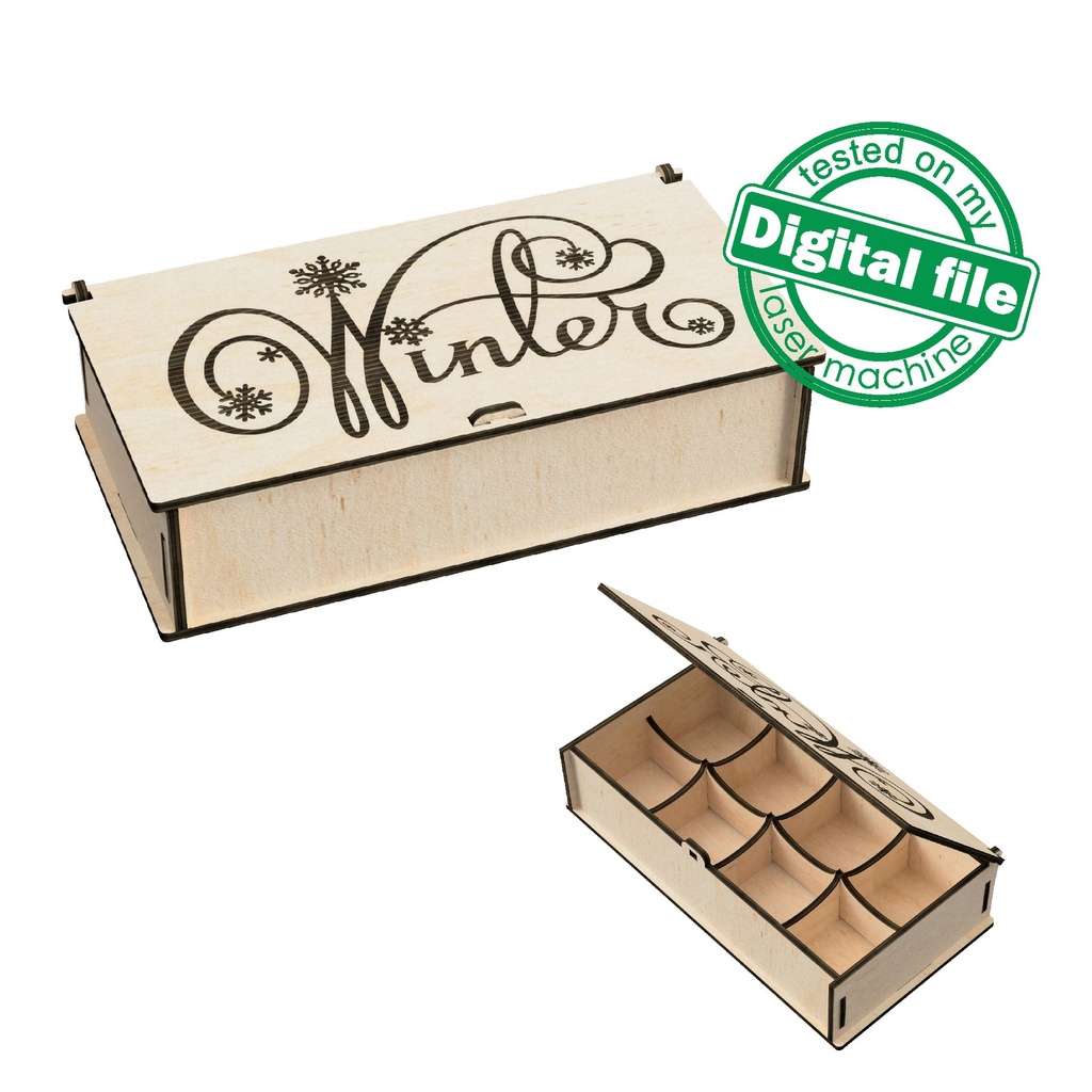 DXF, SVG files for laser Gift box for chocolate bon bons, handwriting Calligraphy Winter,easily removable partitions,Material 1/8'' (3.2 mm)