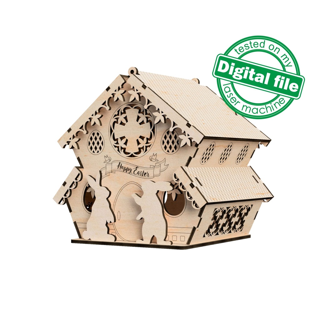 DXF, SVG files for laser Easter Bunny Candy House, House with opening roof, Vector project, Glowforge, Material thickness 1/8 inch (3.2 mm)