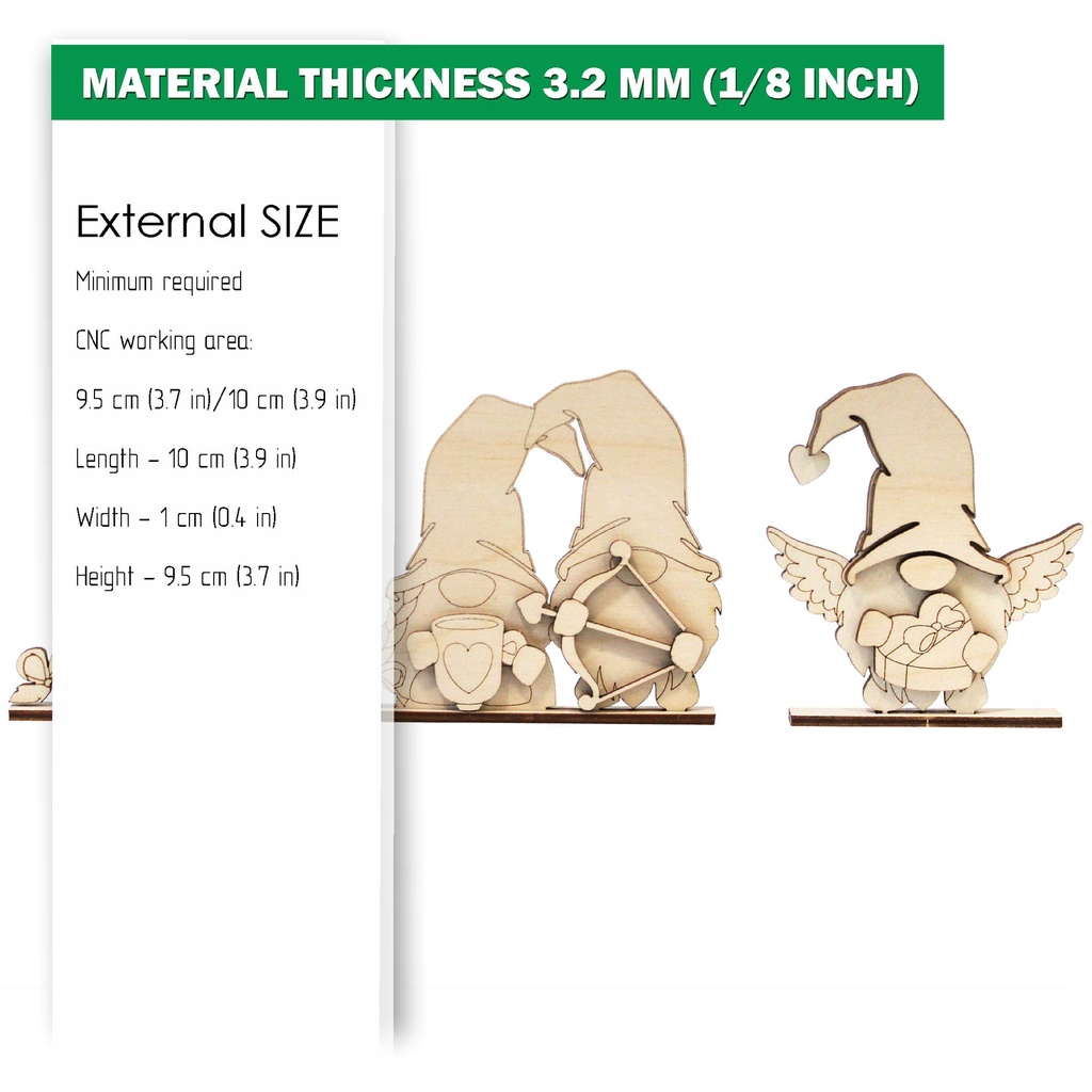 SVG, DXF Laser cut files, 4 St. Valentine's gnomes Cutout, Shape, Paint by Line,Glowforge, Individual Arm Add-Ons, 1/8 inch (3.2 mm)