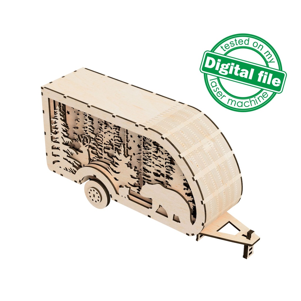 DXF, SVG files for laser Light Box Travel Trailer, Deer, Bear, Forest, Mountain silhouette, Glowforge, Material thickness 1/8 inch (3.2 mm)