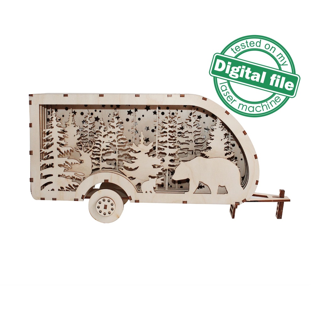 DXF, SVG files for laser Light Box Travel Trailer, Deer, Bear, Forest, Mountain silhouette, Glowforge, Material thickness 1/8 inch (3.2 mm)