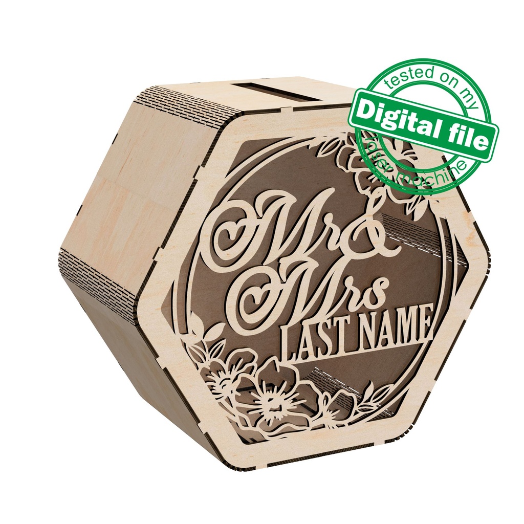 DXF, SVG files for laser Personalized Wedding card box, Box for Wedding Reception, Polygon money box, Glowforge, Matherial 1/8 inch (3.2 mm) (copy)