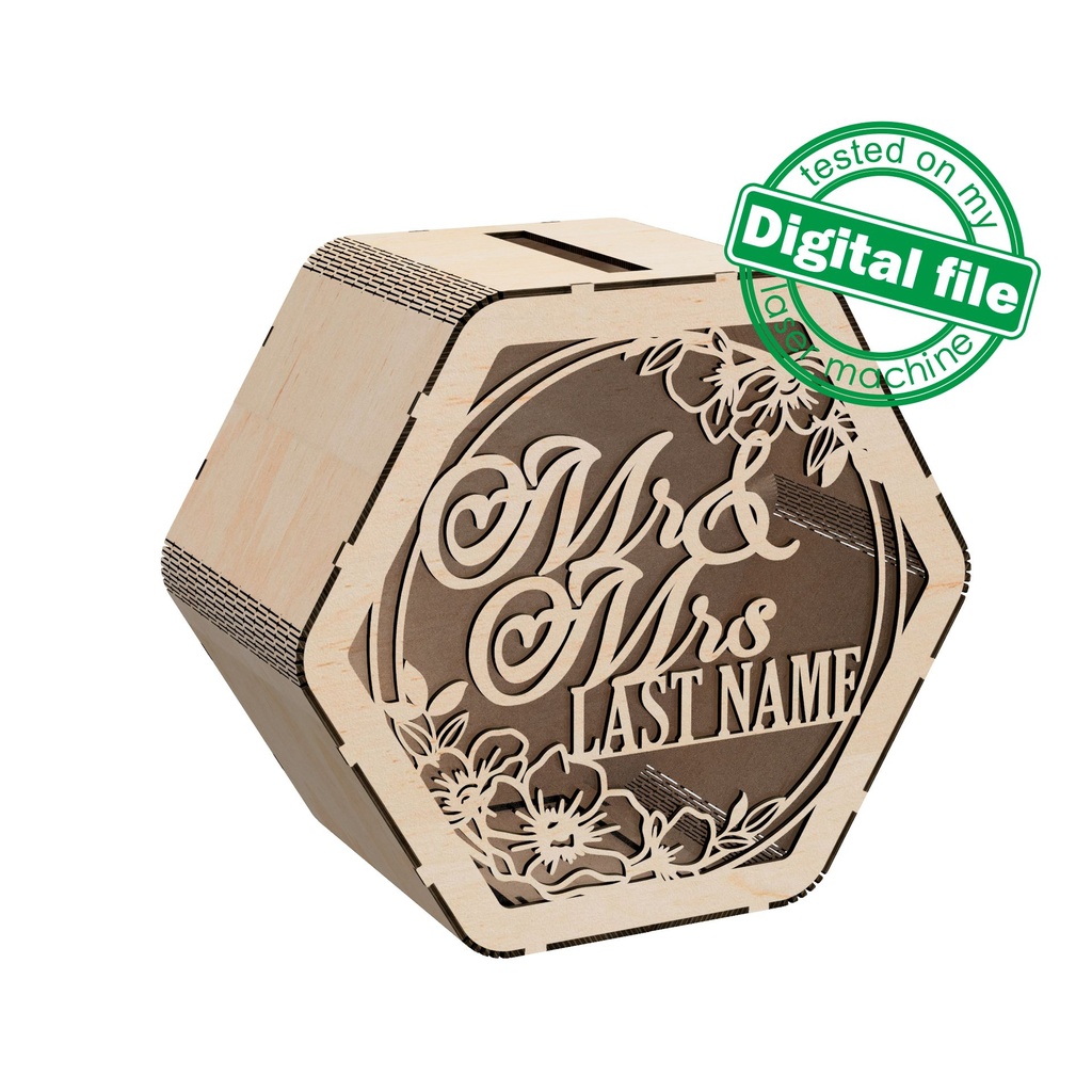 DXF, SVG files for laser Personalized Wedding card box, Box for Wedding Reception, Polygon money box, Glowforge, Matherial 1/8 inch (3.2 mm) (copy)