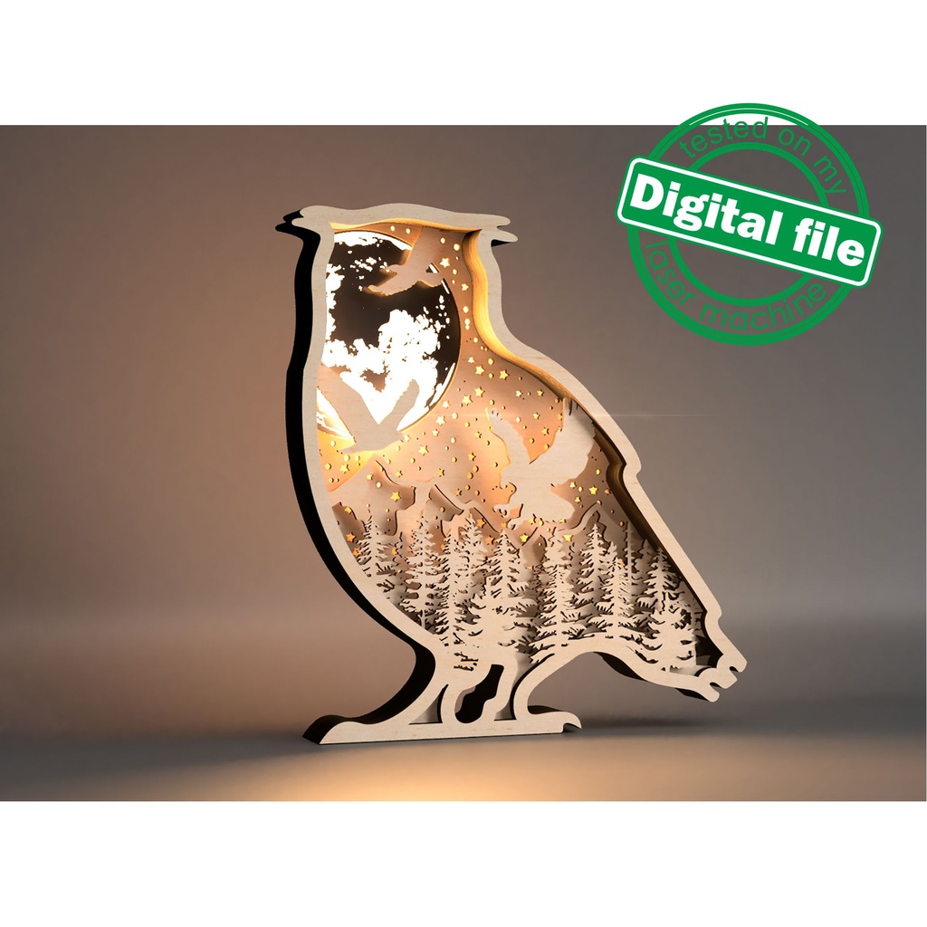 DXF, SVG files for laser Light Box Owl,forest,mountains, glowing moon,eagles, Multi-Layered Ornament pattern, Shadowbox. 2 Different designs