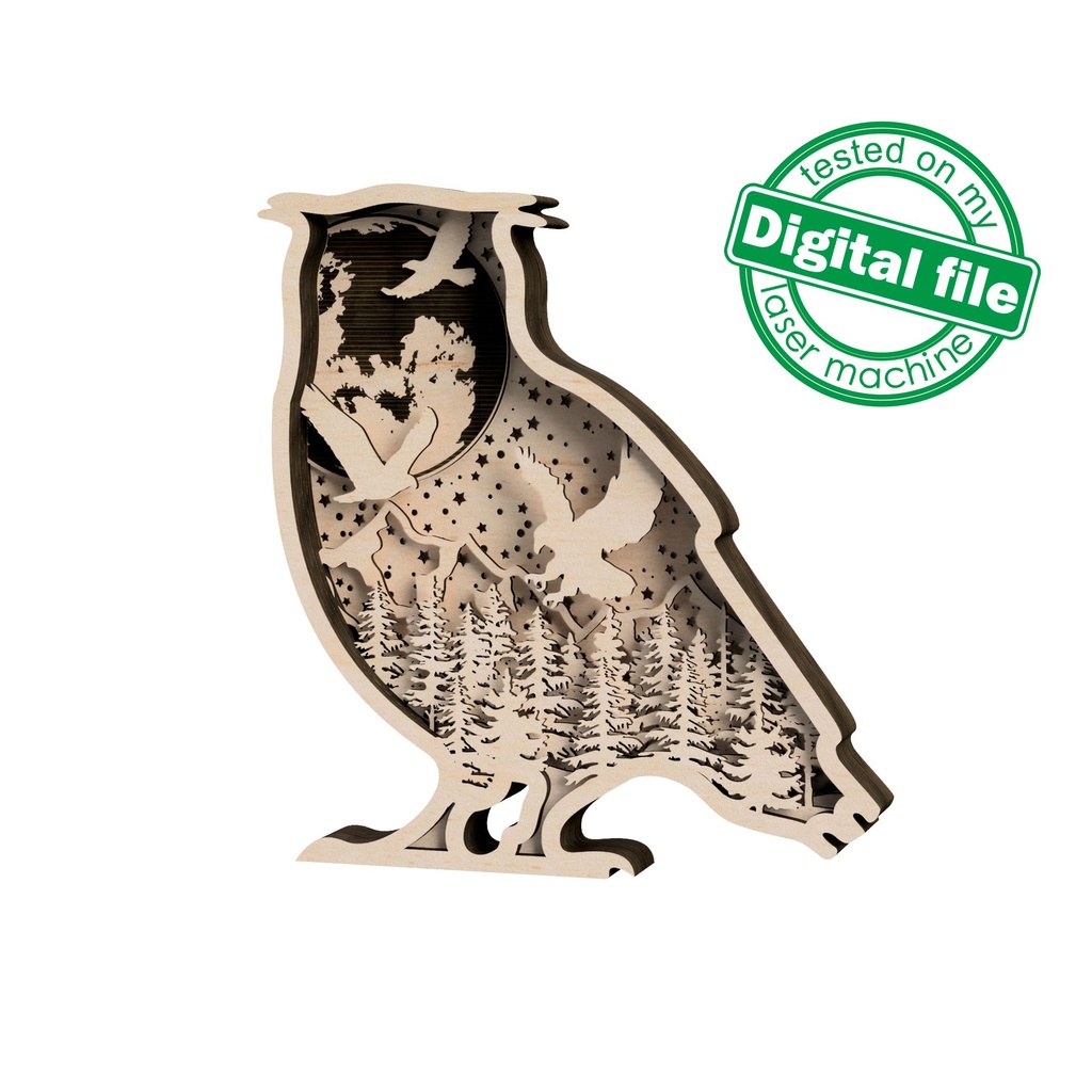 DXF, SVG files for laser Light Box Owl,forest,mountains, glowing moon,eagles, Multi-Layered Ornament pattern, Shadowbox. 2 Different designs