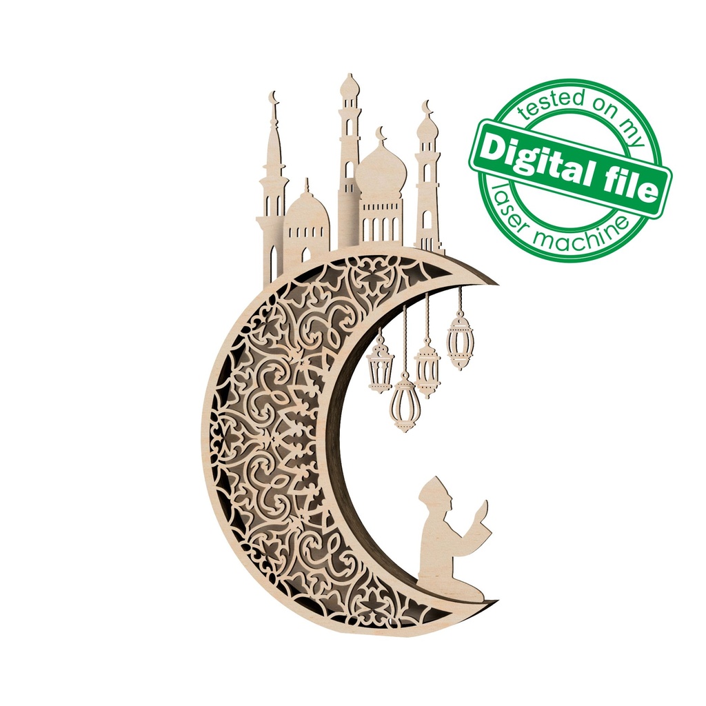 DXF, SVG files for laser Light-Up Crescent moon, Islamic Lightbox, Ramadan Shadow Box, Eid Mubarak, Multi Layered Ornament, Muslim, mosque