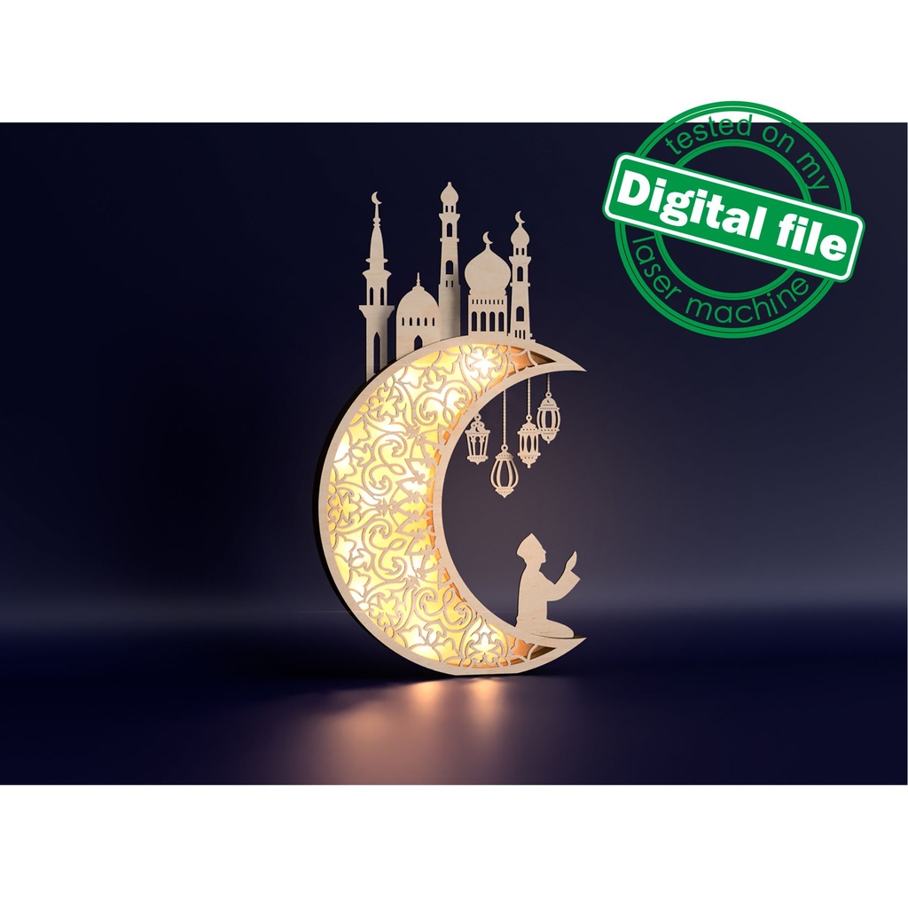 DXF, SVG files for laser Light-Up Crescent moon, Islamic Lightbox, Ramadan Shadow Box, Eid Mubarak, Multi Layered Ornament, Muslim, mosque