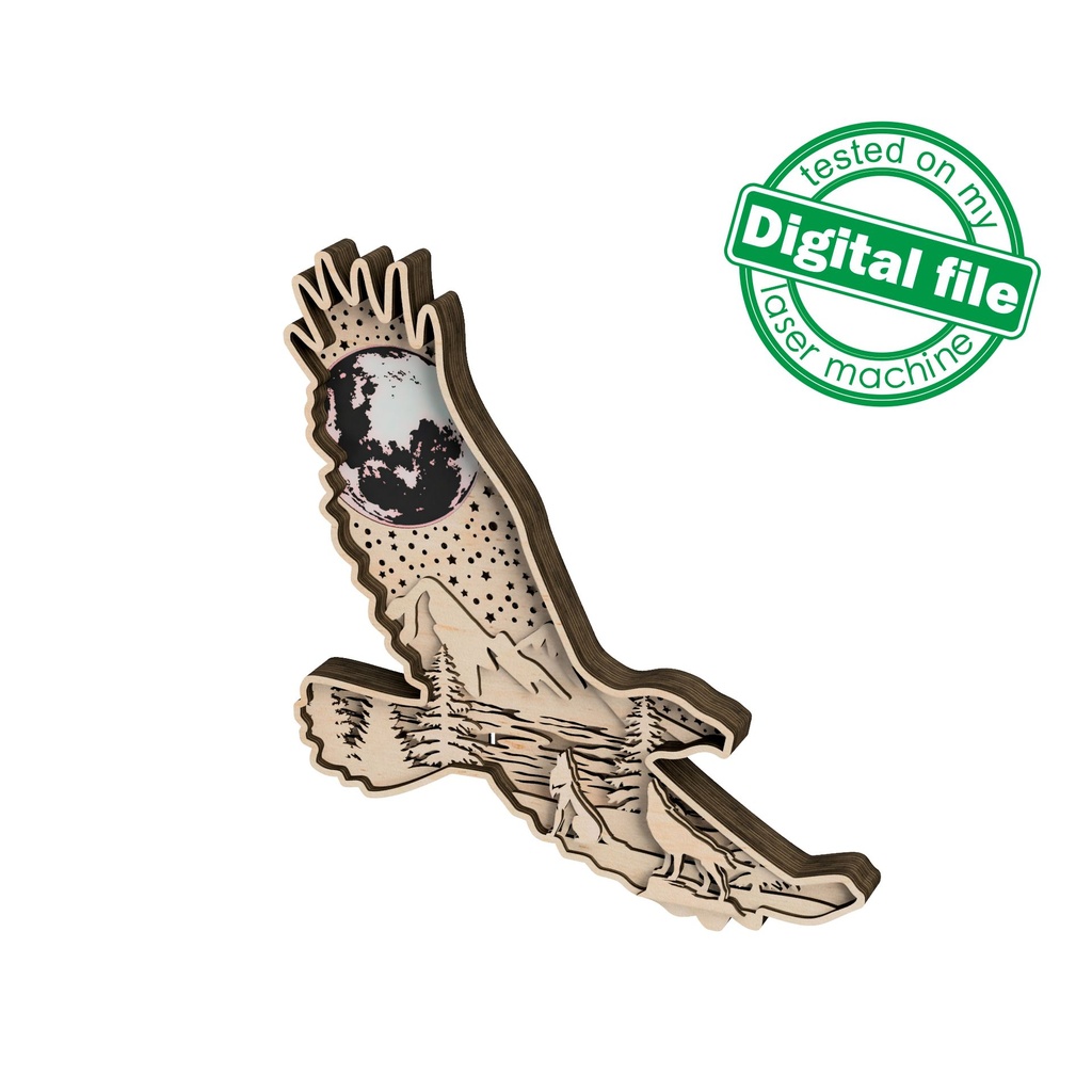 DXF, SVG files for cutting Light Multi-Layered Ornament Eagle, forest, mountains, glowing moon, wolves,  lake, Shadowbox, laser, plotter