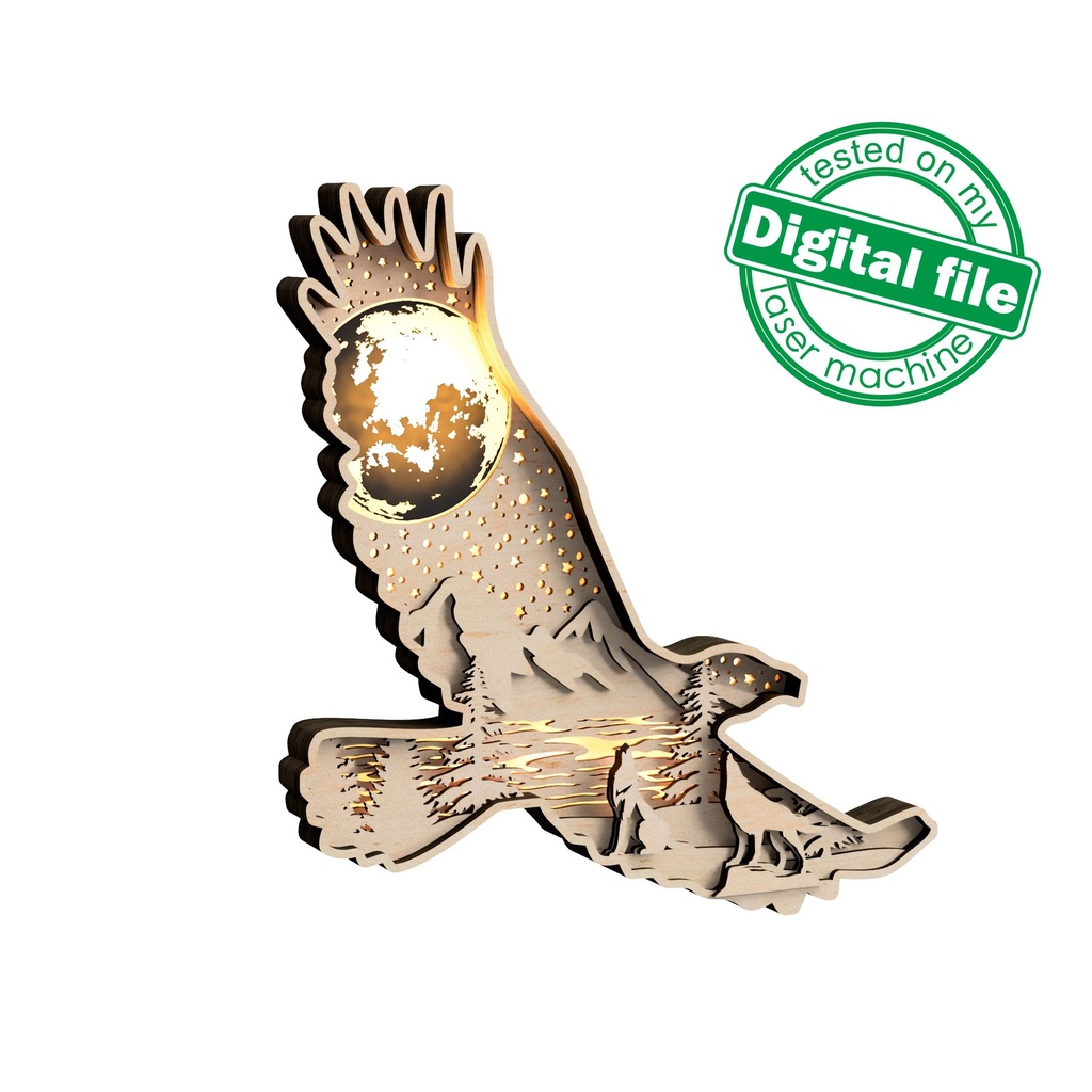 DXF, SVG files for cutting Light Multi-Layered Ornament Eagle, forest, mountains, glowing moon, wolves,  lake, Shadowbox, laser, plotter
