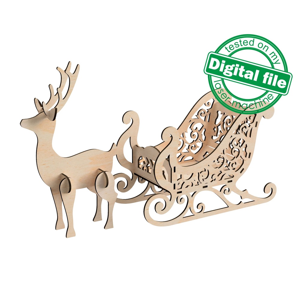 DXF, SVG files for laser Christmas Sleigh and Reindeer, Mantel decor, Gift box,Glowforge, Xtool, Material 1/8'' (3.2 mm)