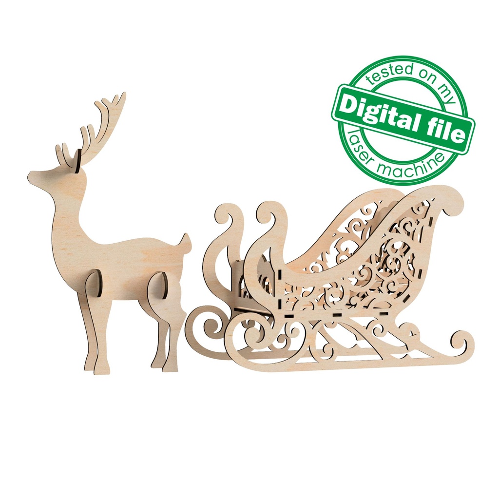 DXF, SVG files for laser Christmas Sleigh and Reindeer, Mantel decor, Gift box,Glowforge, Xtool, Material 1/8'' (3.2 mm)
