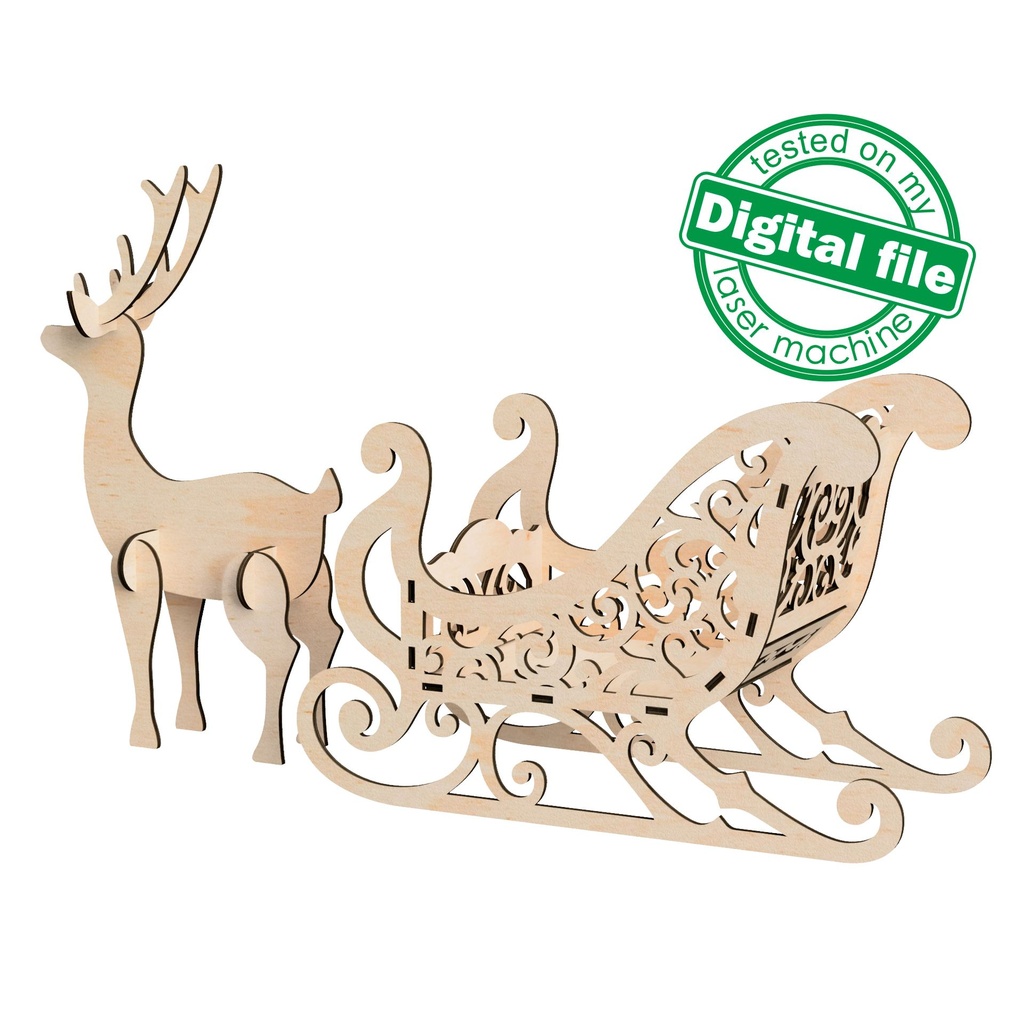 DXF, SVG files for laser Christmas Sleigh and Reindeer, Mantel decor, Gift box,Glowforge, Xtool, Material 1/8'' (3.2 mm)