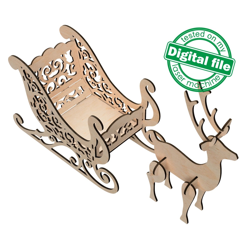 DXF, SVG files for laser Christmas Sleigh and Reindeer, Mantel decor, Gift box,Glowforge, Xtool, Material 1/8'' (3.2 mm)