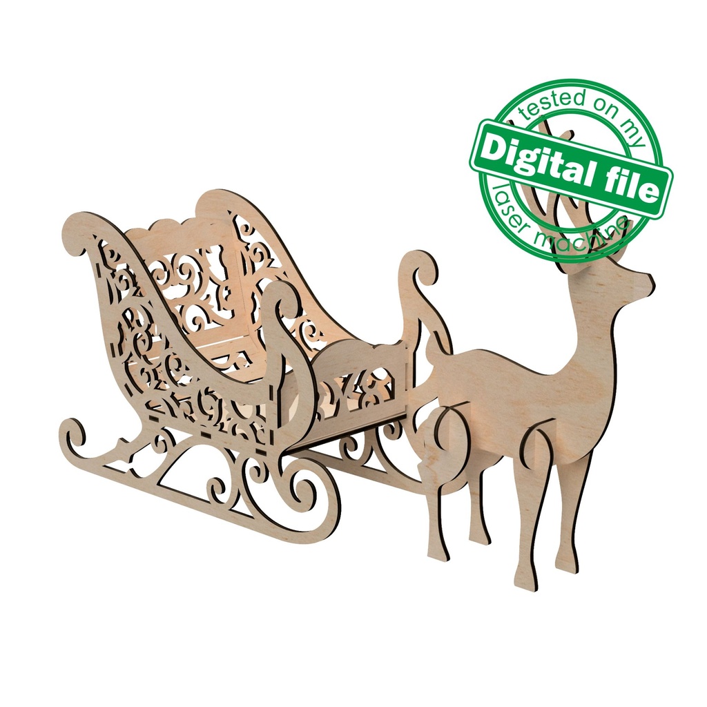 DXF, SVG files for laser Christmas Sleigh and Reindeer, Mantel decor, Gift box,Glowforge, Xtool, Material 1/8'' (3.2 mm)