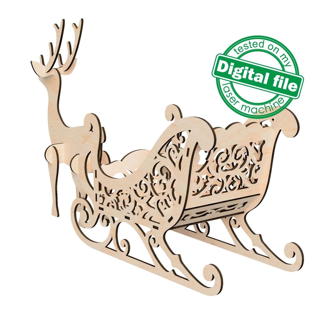 DXF, SVG files for laser Christmas Sleigh and Reindeer, Mantel decor, Gift box,Glowforge, Xtool, Material 1/8'' (3.2 mm)