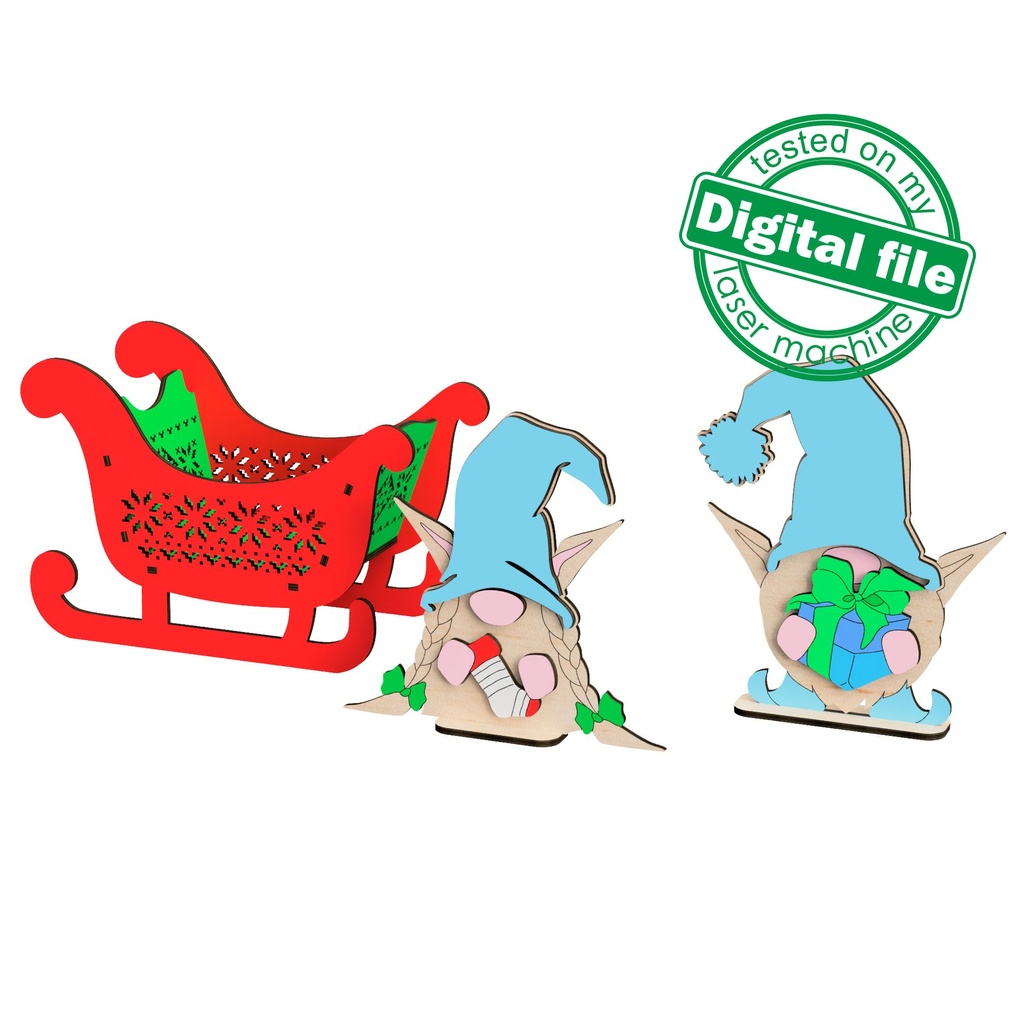 DXF, SVG files for laser Christmas sleigh in Scandinavian style, gnomes with elf ears, paint by line, gift, Material 1/8'' (3.2 mm)