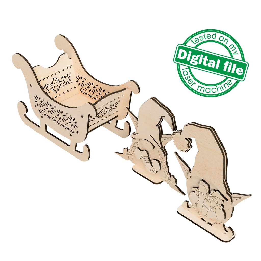 DXF, SVG files for laser Christmas sleigh in Scandinavian style, gnomes with elf ears, paint by line, gift, Material 1/8'' (3.2 mm)