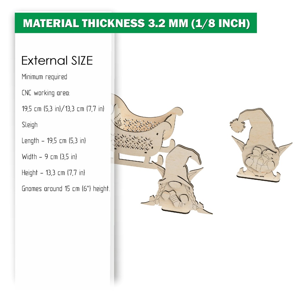 DXF, SVG files for laser Christmas sleigh in Scandinavian style, gnomes with elf ears, paint by line, gift, Material 1/8'' (3.2 mm)