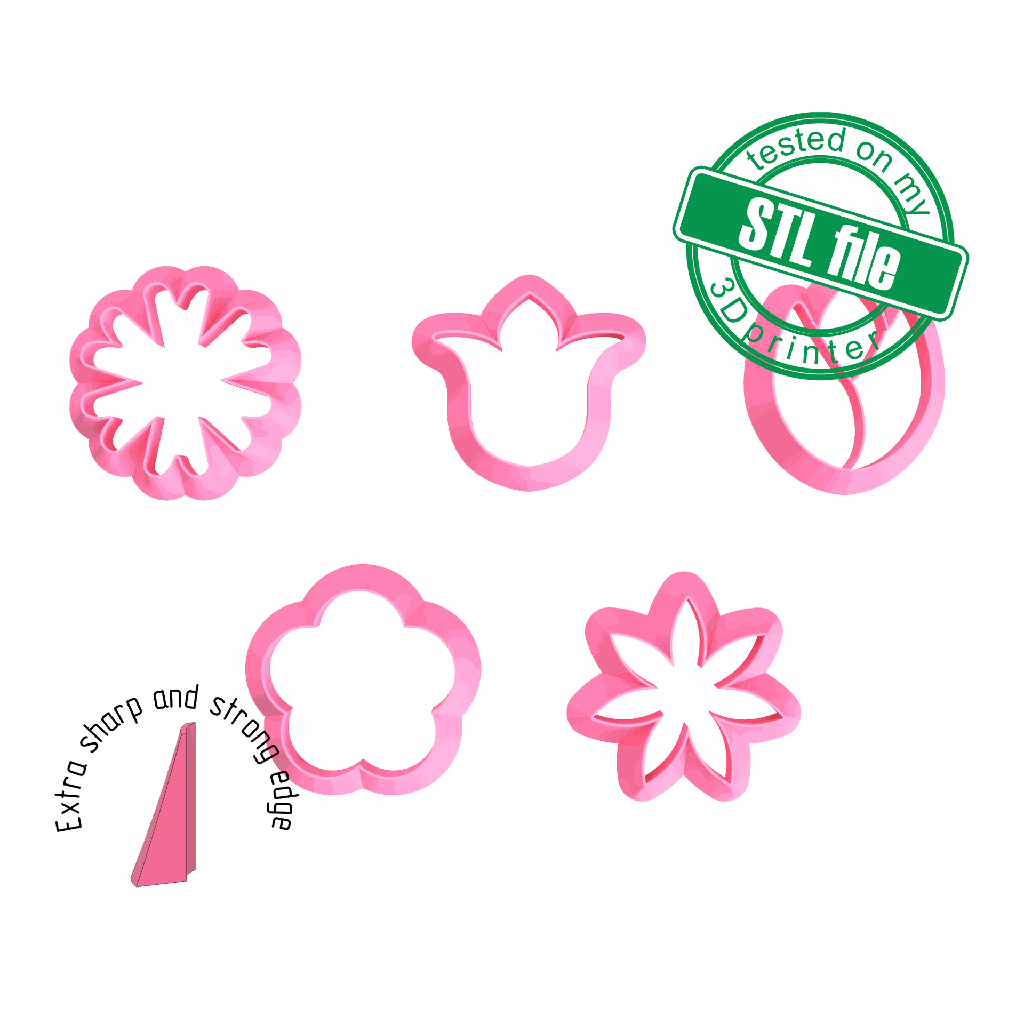 Set of big flowers, Digital STL File For 3D Printing, Polymer Clay Cutter, Earrings, Cookie, sharp, strong edge