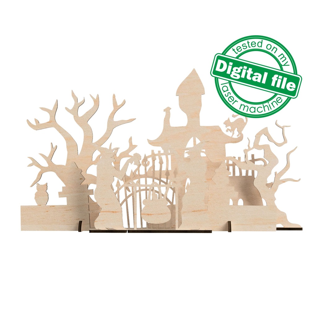 DXF, SVG files for laser cutting, Halloween decoration, Witches and old castle, scary trees, Window decor, light strip, Material 1/8'' (3mm)