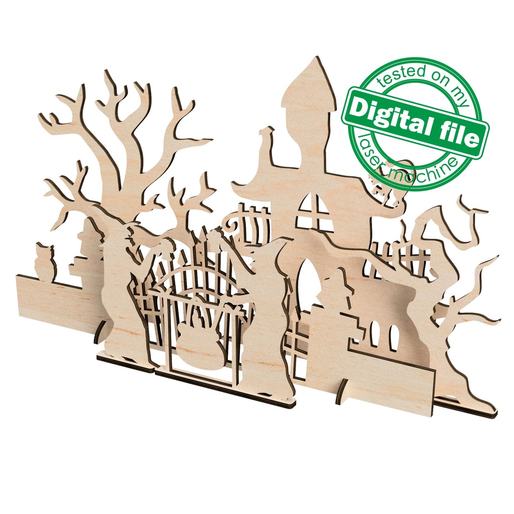 DXF, SVG files for laser cutting, Halloween decoration, Witches and old castle, scary trees, Window decor, light strip, Material 1/8'' (3mm)