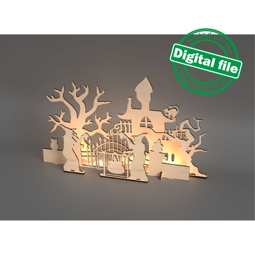 DXF, SVG files for laser cutting, Halloween decoration, Witches and old castle, scary trees, Window decor, light strip, Material 1/8'' (3mm)