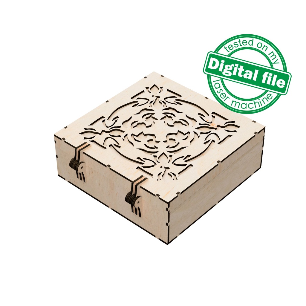 DXF, SVG files for laser Box with integrated hinges, opening carved cover, Vector project, Glowforge, Material thickness 1/8 inch (3.2 mm)