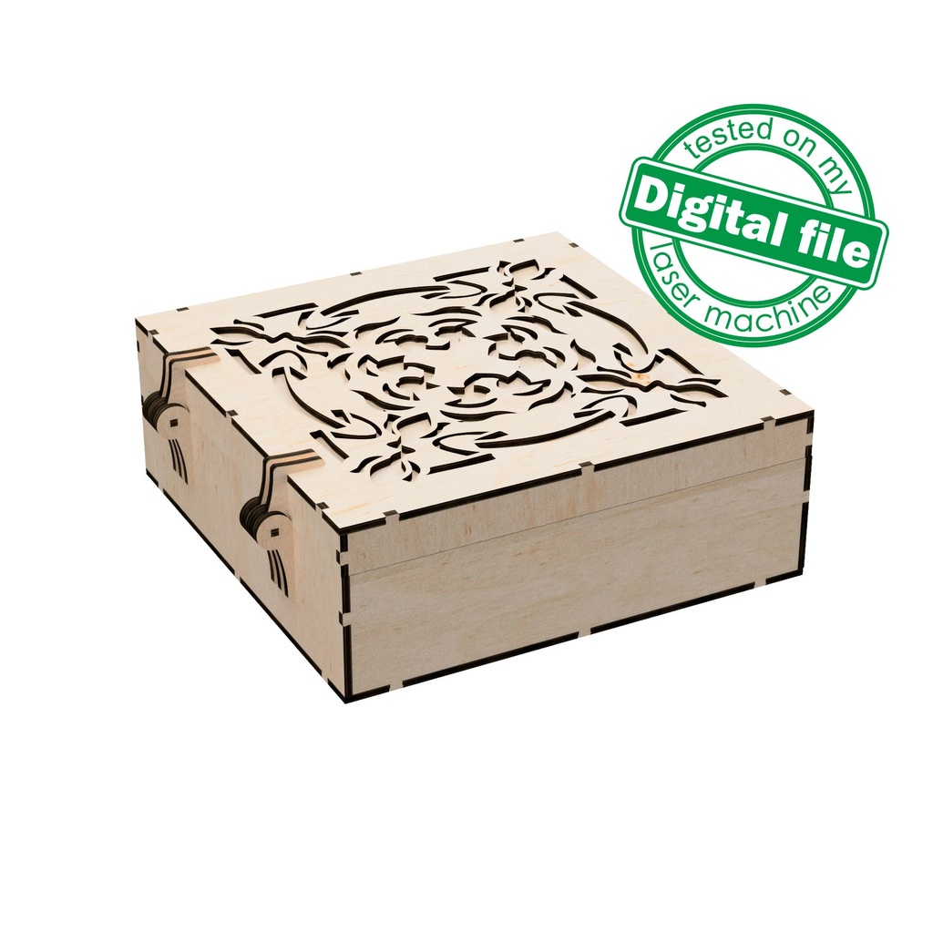 DXF, SVG files for laser Box with integrated hinges, opening carved cover, Vector project, Glowforge, Material thickness 1/8 inch (3.2 mm)