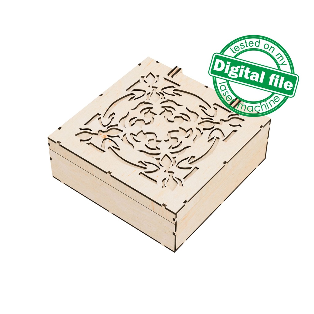 DXF, SVG files for laser Box with integrated hinges, opening carved cover, Vector project, Glowforge, Material thickness 1/8 inch (3.2 mm)