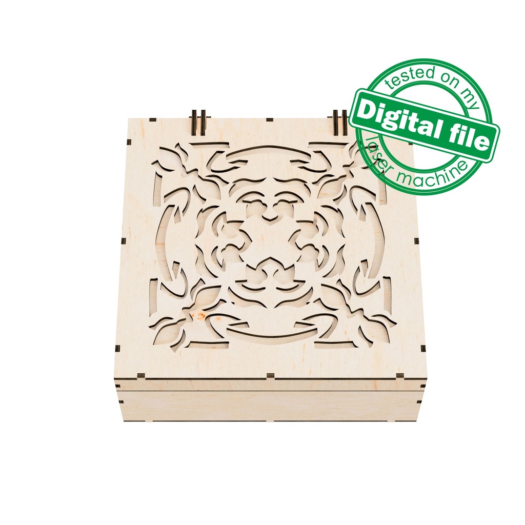 DXF, SVG files for laser Box with integrated hinges, opening carved cover, Vector project, Glowforge, Material thickness 1/8 inch (3.2 mm)