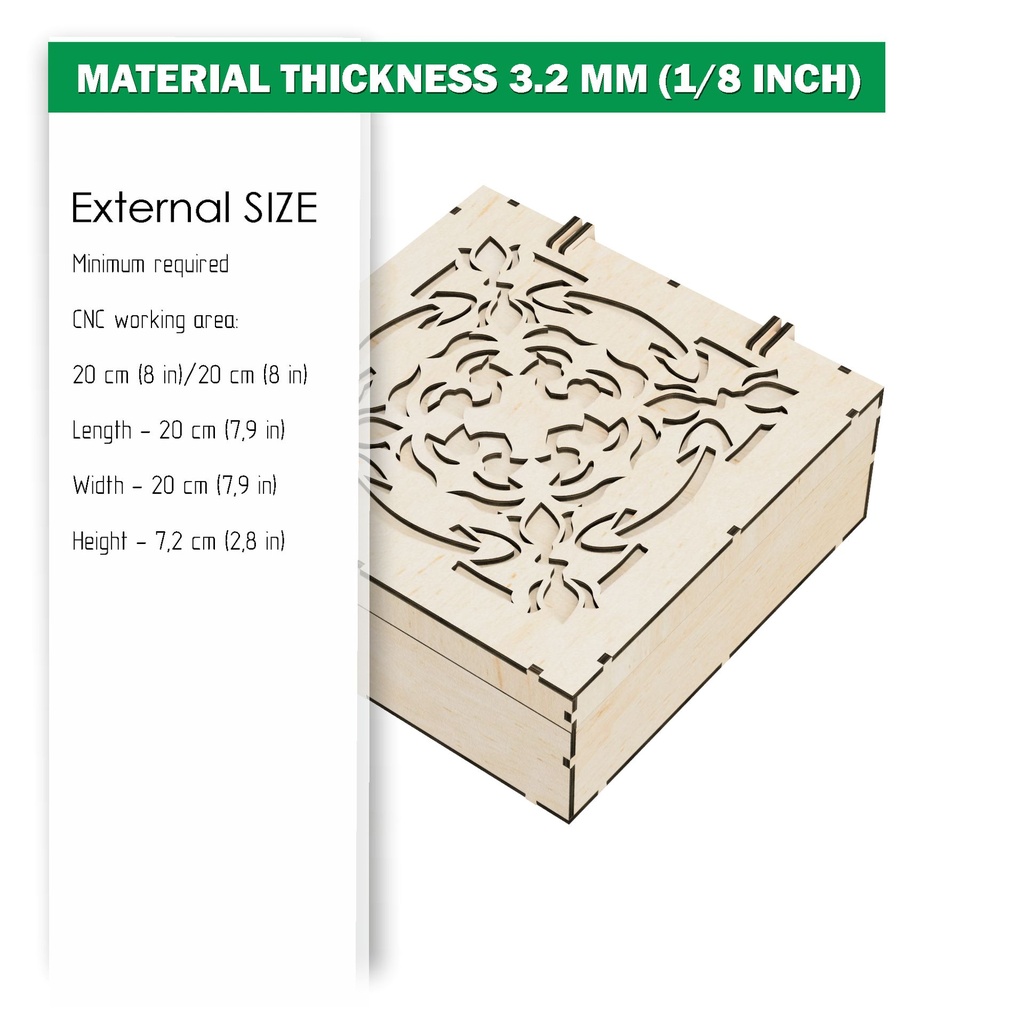 DXF, SVG files for laser Box with integrated hinges, opening carved cover, Vector project, Glowforge, Material thickness 1/8 inch (3.2 mm)