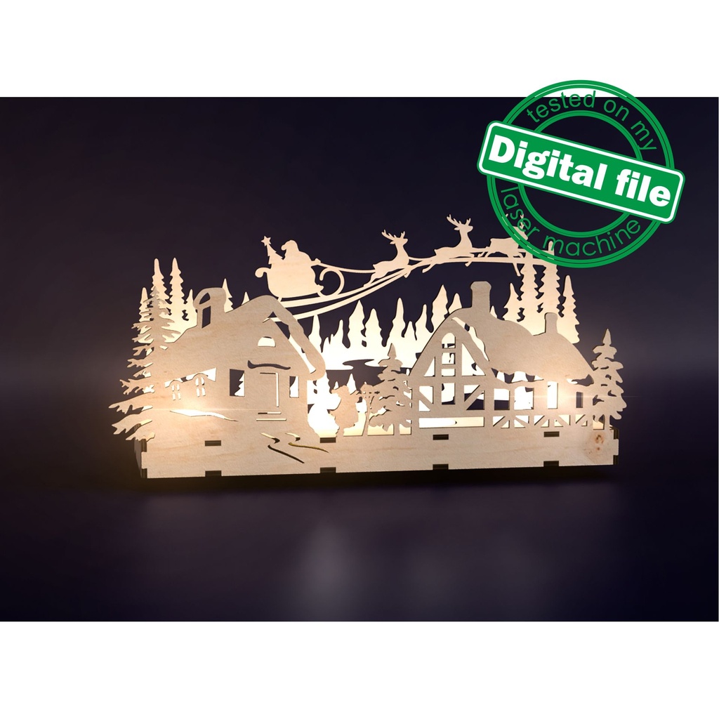 DXF, SVG files for laser Сandle holder Winter village, Santa Claus with reindeer flying in a sleigh, enchanted forest, Christmas decoration